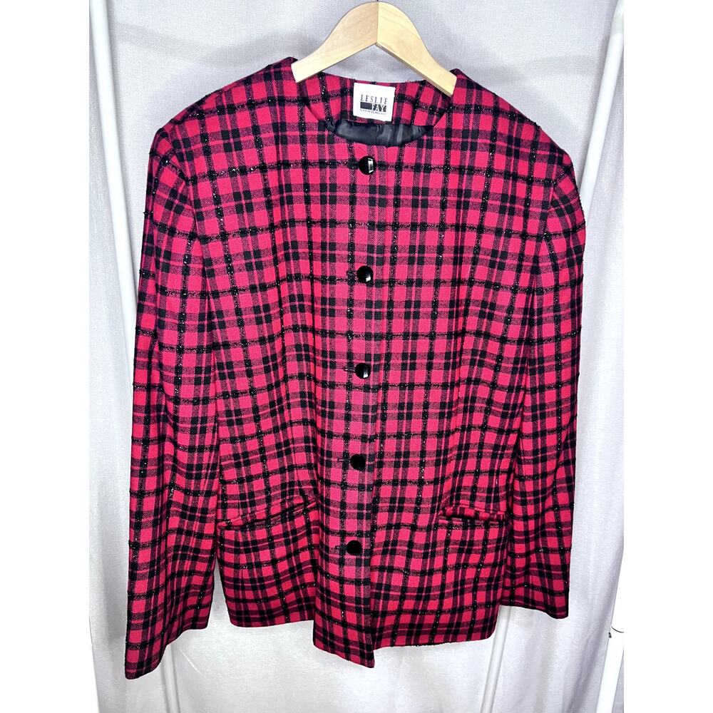 Vintage 90s Leslie Fay Red Black Plaid Wool Holiday Blazer Jacket